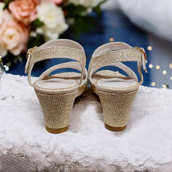 David’s Bridal ✦ Glitter Wedge Sandals ✦ Gold w/ Rhinestones Buckle Strap 9T - Picture 6 of 16